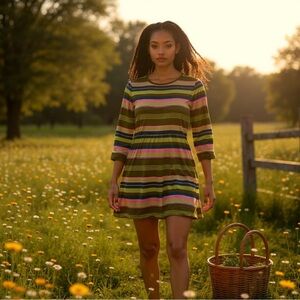 Patagonia Striped Multicolor Midi Dress, scoop neck, 3 buttons on back 💚💙🩷